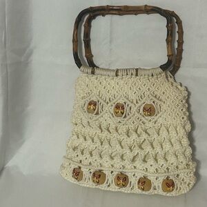Macrame Woven Handbag Tote Purse Boho Wood Beads Cream/Ivory w/Bamboo Handles